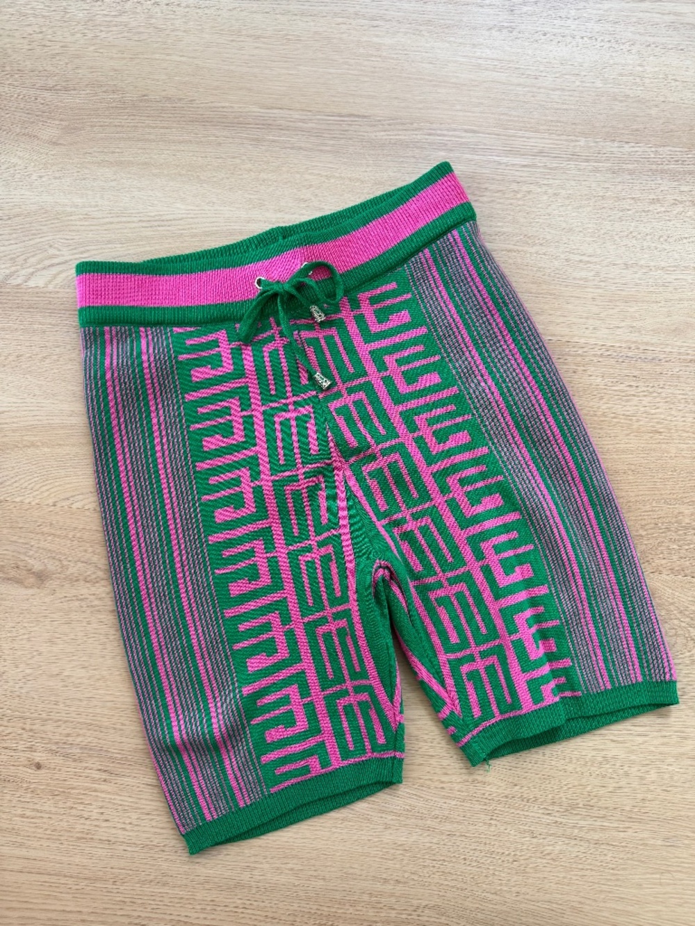 IMMODEL Knit Shorts L Green Pink Pattern High Waist Drawstring Stretch